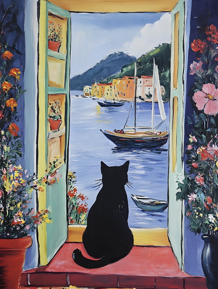 Ölgemälde Schwarze Katze liebt das Meer 6