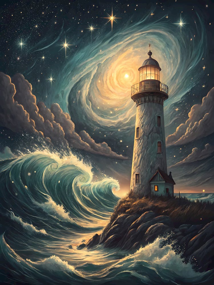 A Glowing Lighthouse Surrounded by a Cosmic Storm Oil Painting Style