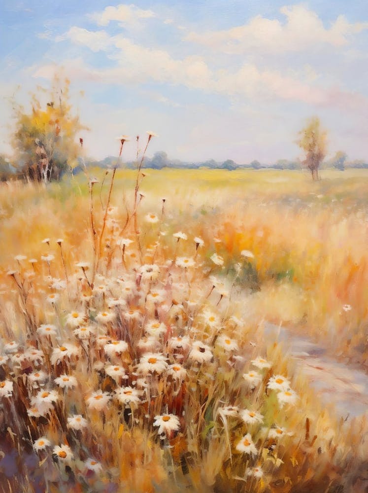 Wildflower Field Landscape Oil Painting, Vintage White Flower Print, Muted Country Field Wall Art Digital Download, Nature Printable Art