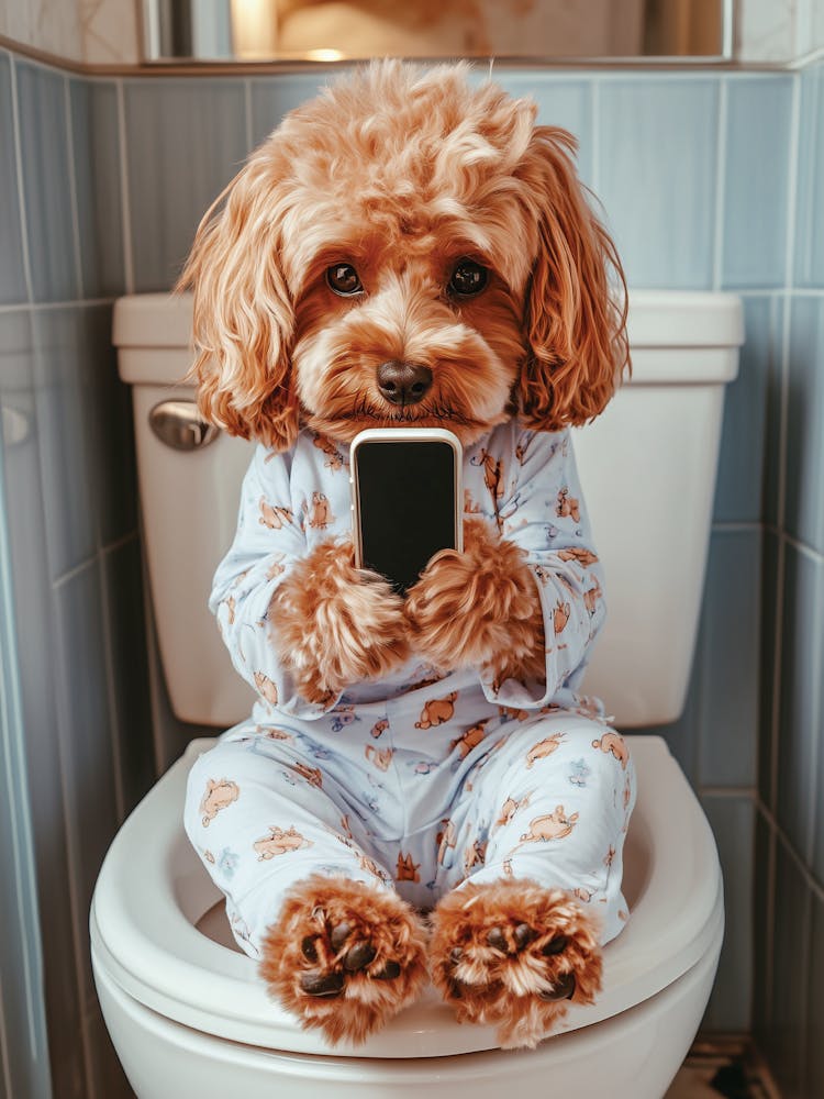 Cavapoo On The Toilet In Pjs Bathroom
