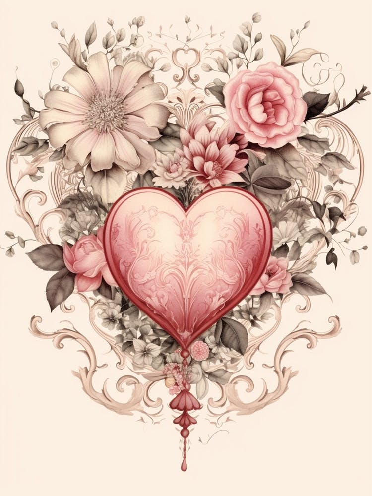 Floral Vintage Sepia Blush Pink Heart 1