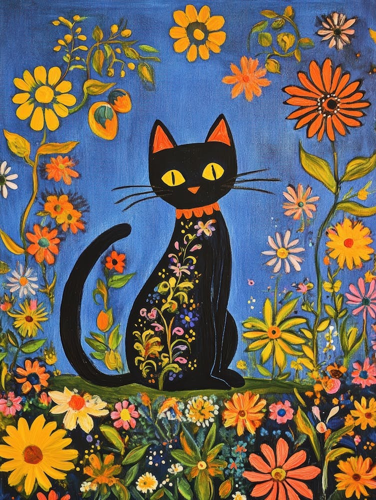 Black Cat In Flowers 1