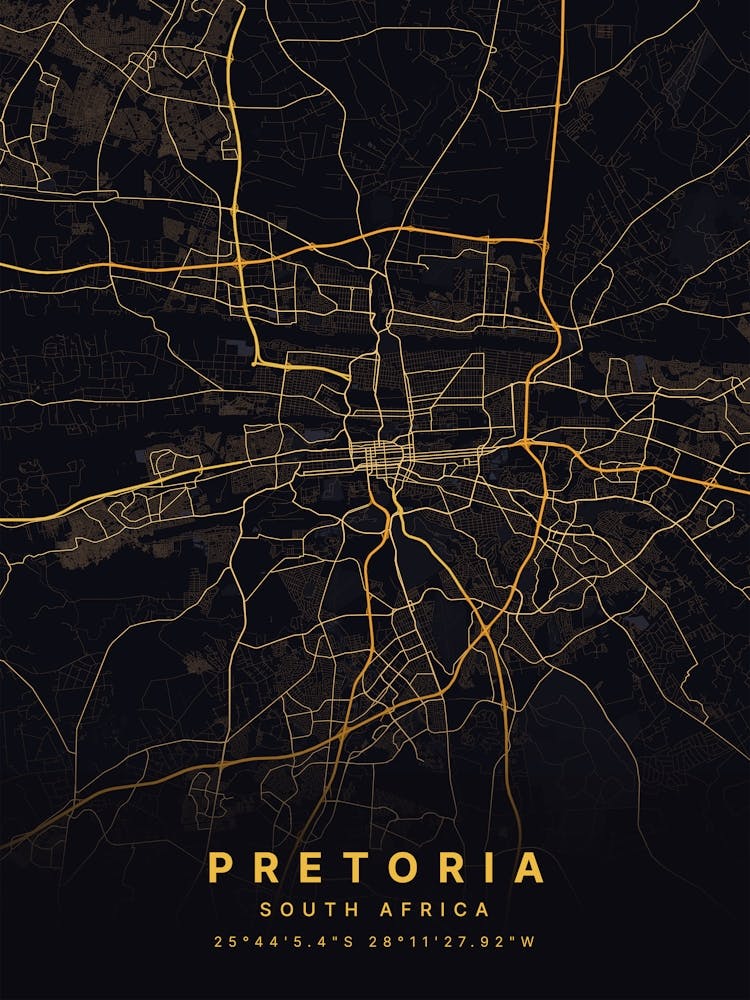 Pretoria South Africa Black And Gold Map