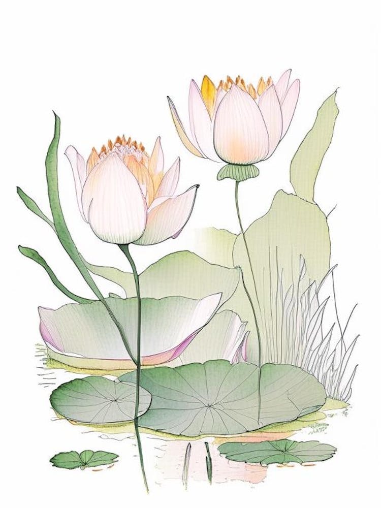 Lotus Flowers In Garden Pencil Illustration 1
