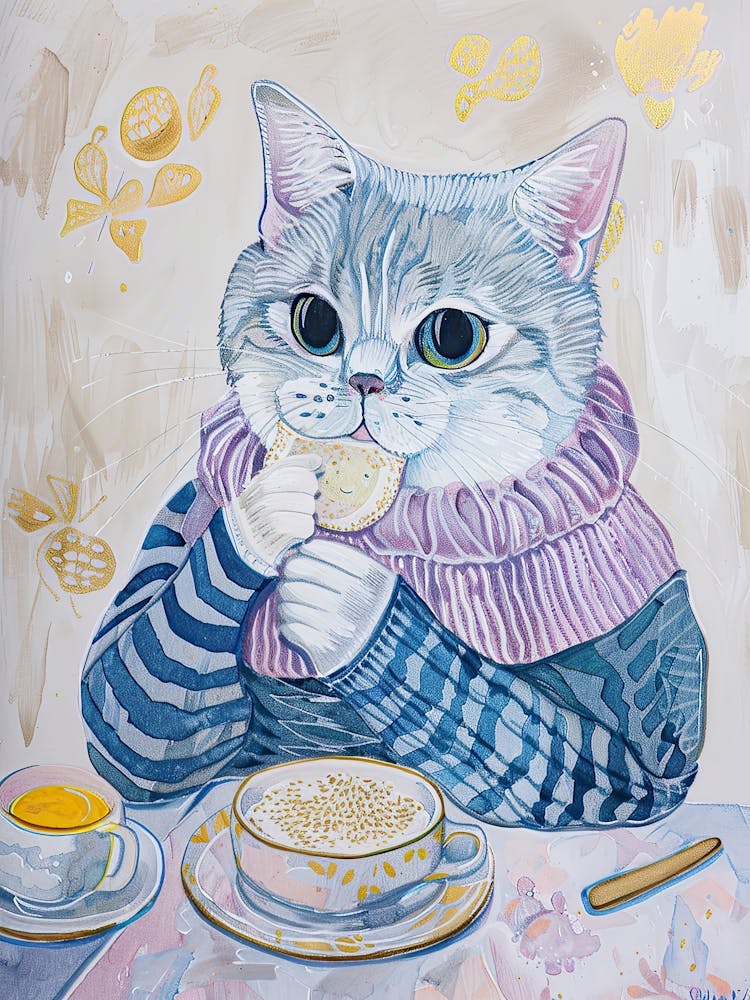Grau Und Weiße Katze Frühstücken Volksillustration 4