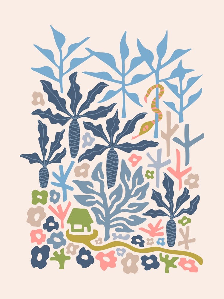SNAKE IN THE GRASS-3 Tropical Floral Botanical with Jungle Palm Trees and Flowers in Pastel Pink Blue Green and Gray