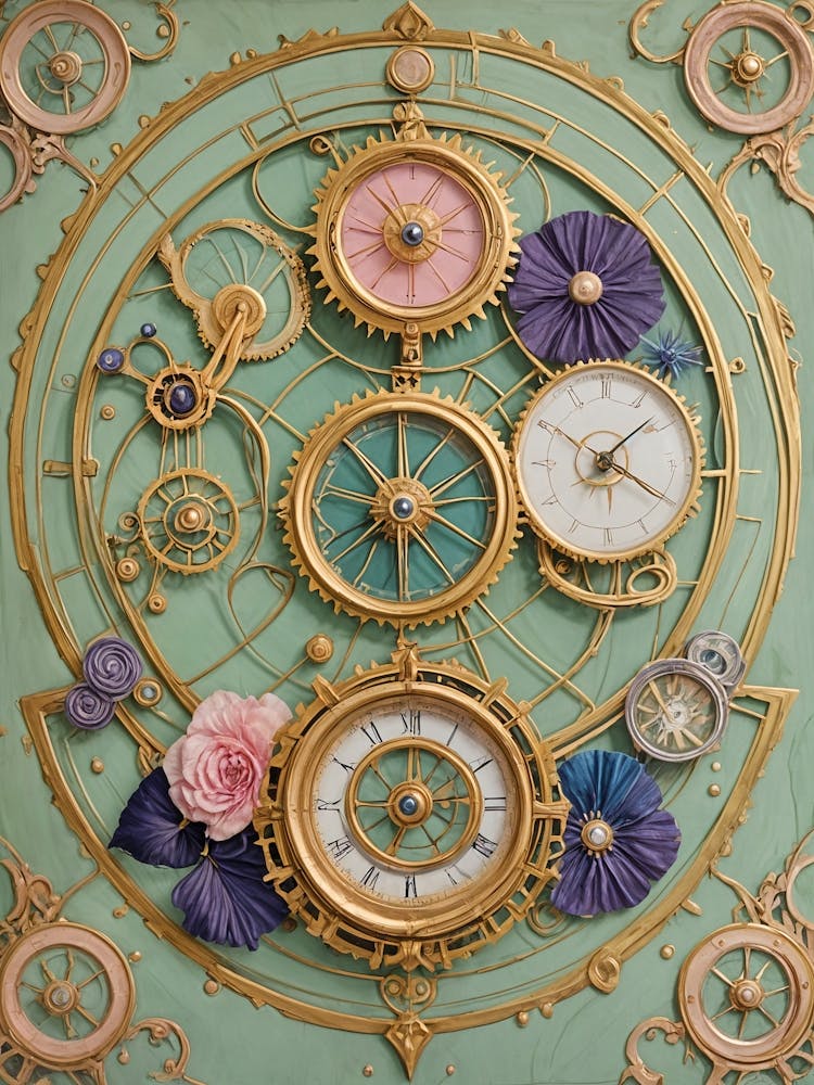 Pastel Steampunk Clocks And Flowers