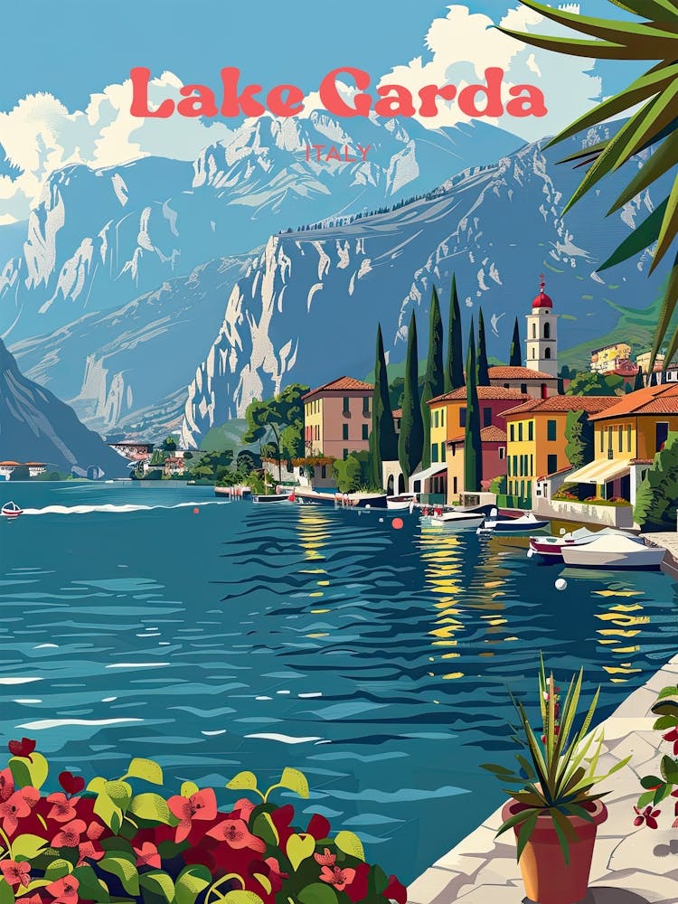 Lake Garda Summer Travel Art Illustration