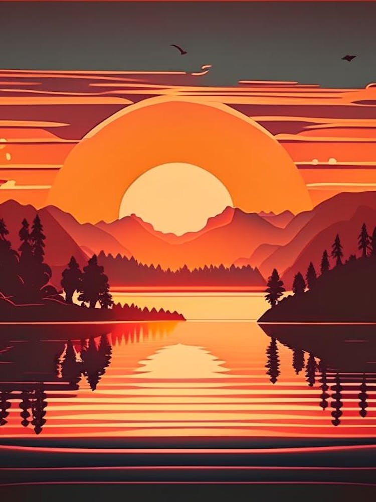 Sunset Over Lake Waterscape Retro Illustration 1