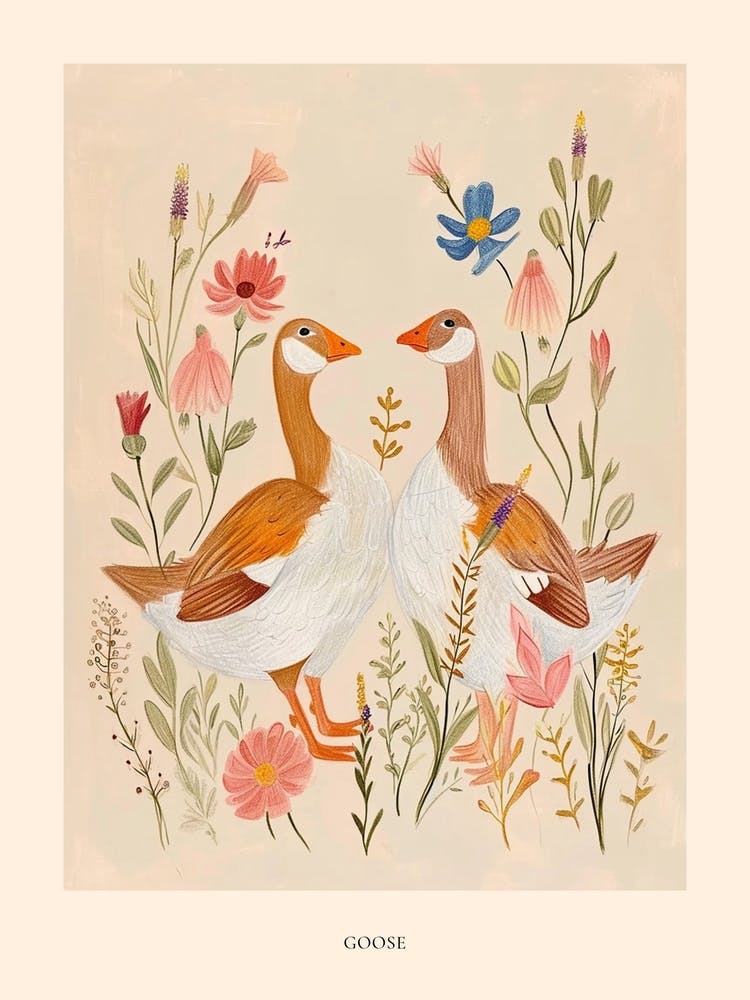 Folksy Floral Animal Drawing Goose 3 Poster