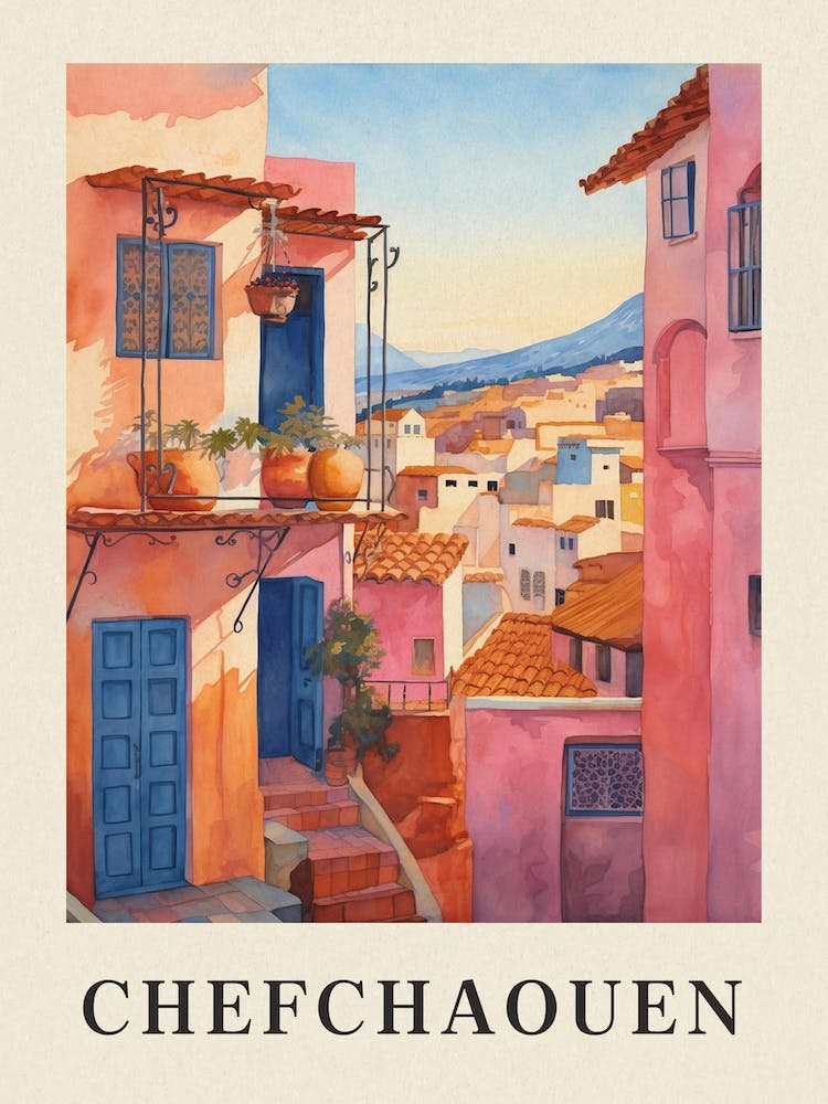 Chefchaouen Morocco 2 Affiche Illustration de Voyage Rose Vintage