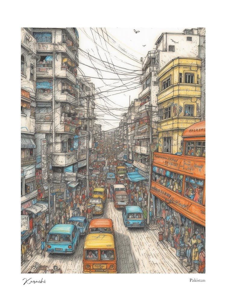 Karachi Pakistan Drawing Pencil Style 3 Travel Poster