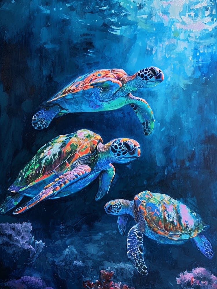 Sea Turtles Illuminated By The Light Underwater 2