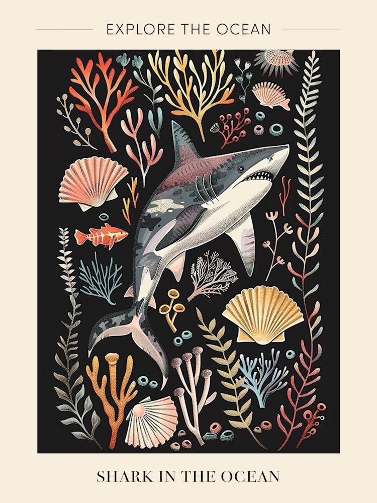 Shark In The Ocean Seascape Black Background Illustration 1 Poster
