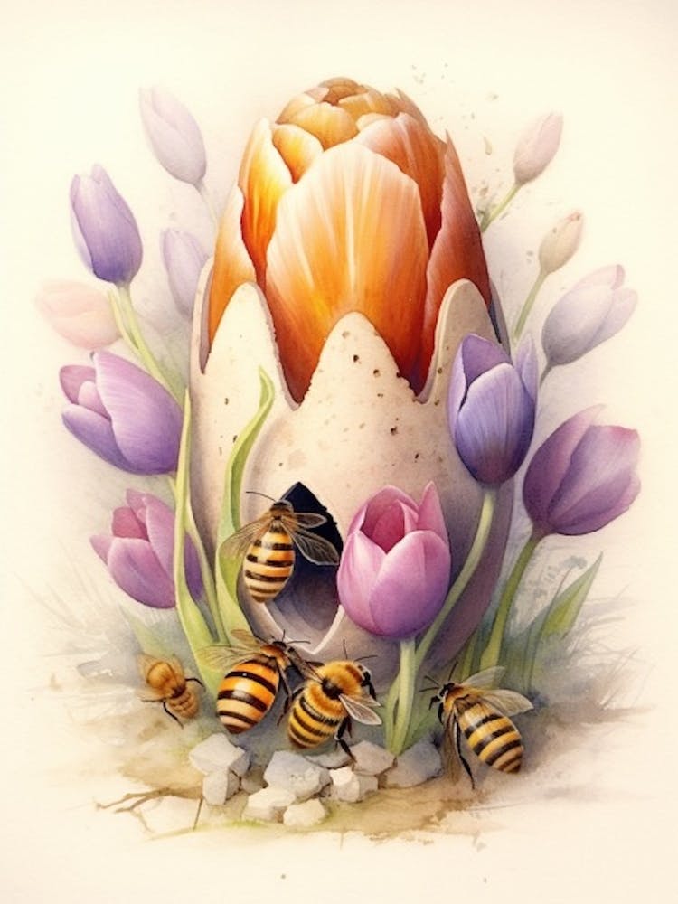 Beehive With Tulips Watercolour Illustration 1