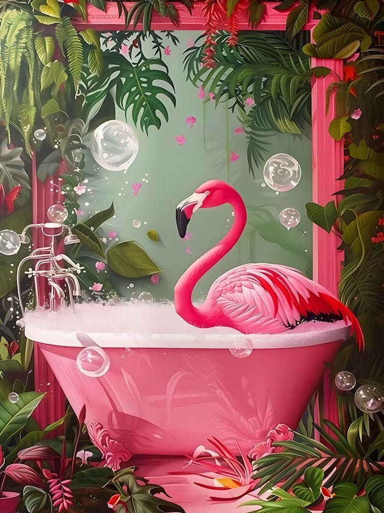 Pink Flamingo In Bathtub Print, Funny Bathroom Wall Art, Pink Flamingo Wall Art, Animal In Bathtub, Maximalist Wall Art, Flamingo Poster