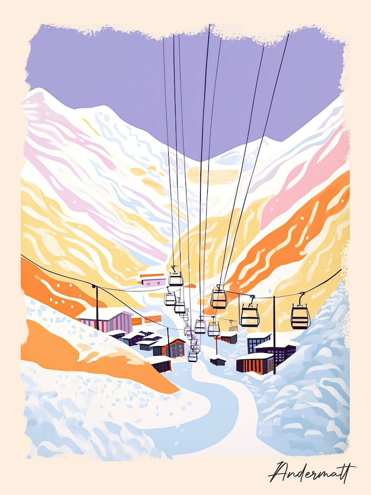 Poster Of Andermatt   Switzerland, Ski Resort Pastel Colours Illustration 0