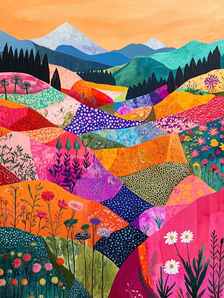 Farbenfrohe Landschaft mit Berg und Blumen 15