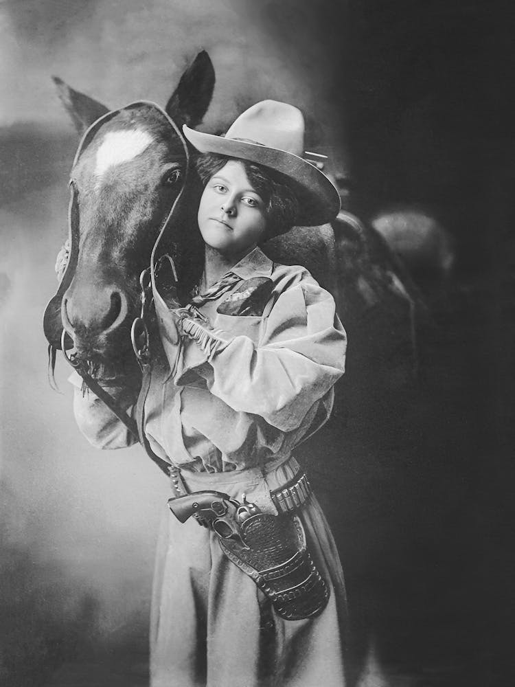 Cowgirl And Her Horse, Western Aesthetic, Vintage Black and White Old Photo