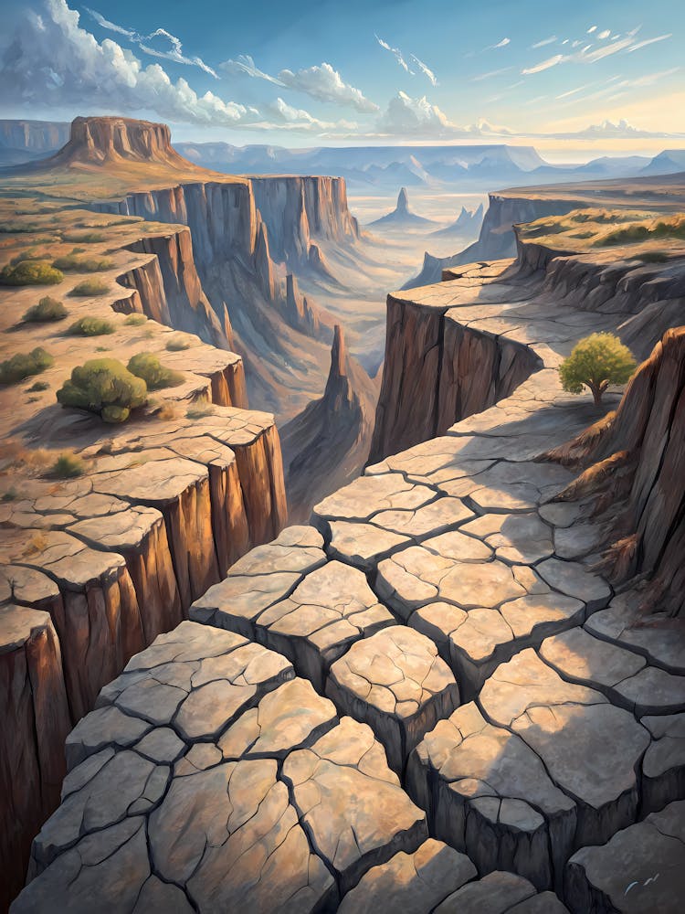 Oil Painting Style Cracked Earth And Cliffs Under