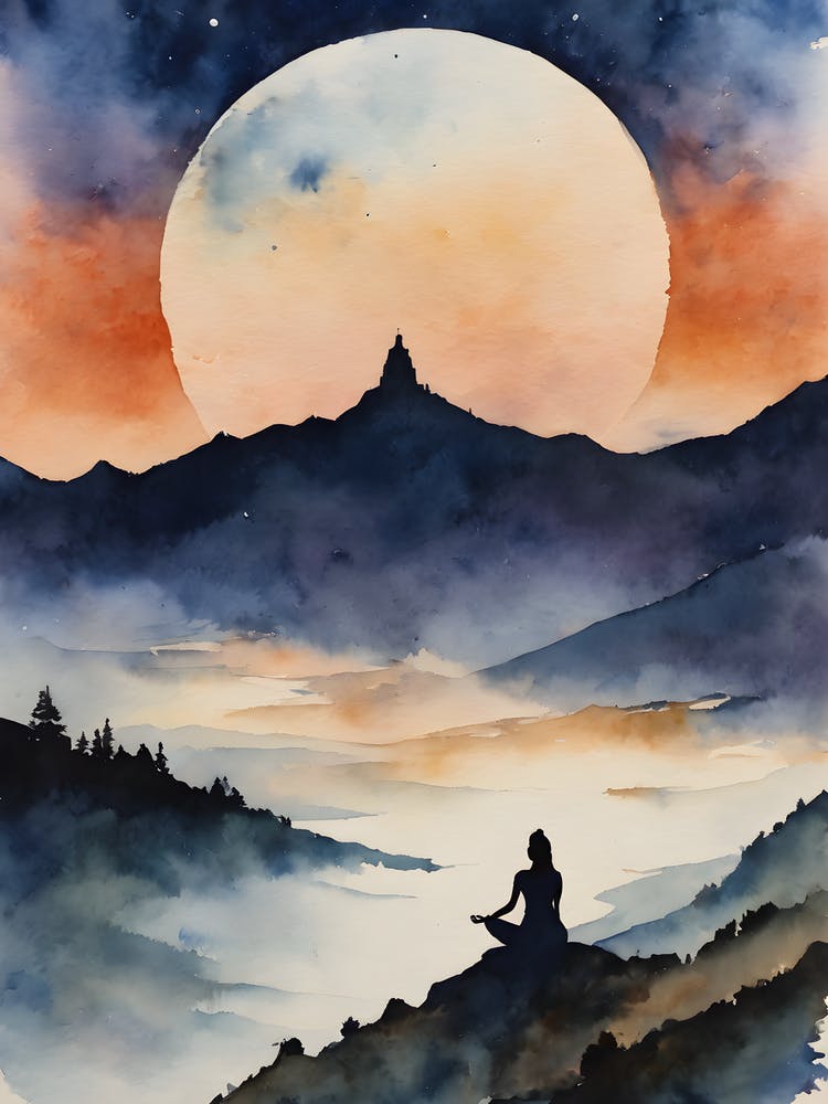 Meditation In The Mountains - Full Moon Contemplating Serenity Calm Yoga Meditating Spiritual Grounding Heart Open Buddhist Indian Travel Guidance Wisdom Peace Love Witchy Beautiful Watercolor Woman Trees Blue Silhouette