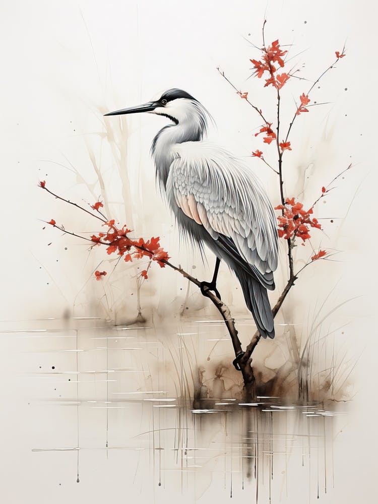A Crane, Japanese Brush Painting, Ukiyo E, Minimal 3