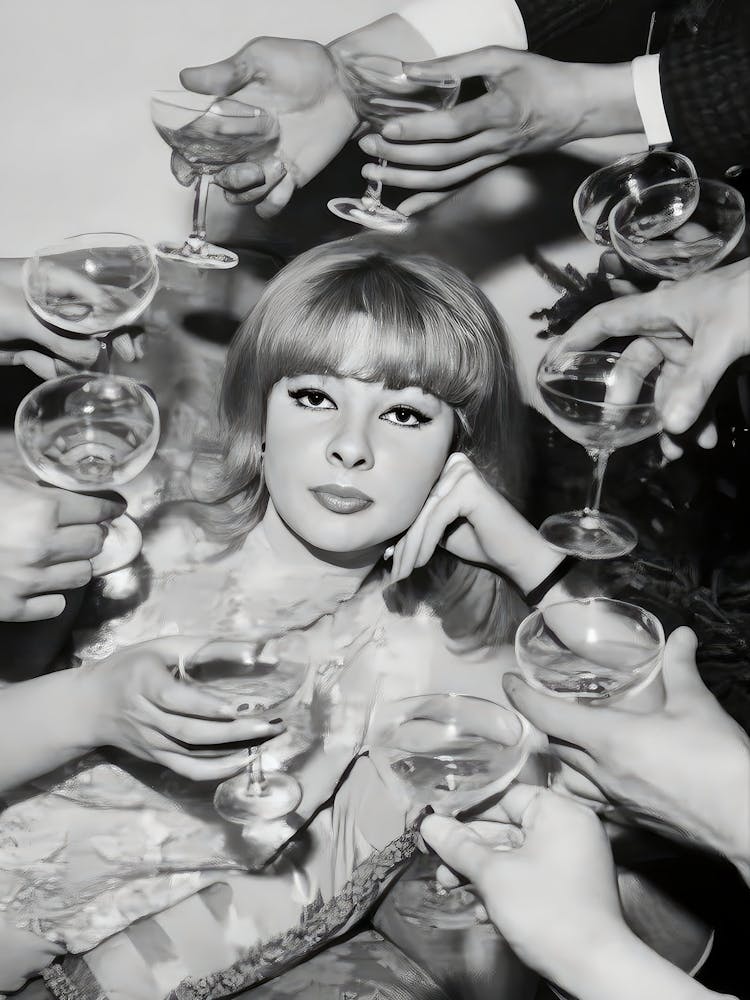 Woman Surrounded By Champagne Wall Art, Black And White Art, Retro Party, Vintage Photo, Funny Alcohol Art, Feminist Poster, Bar Cart Print