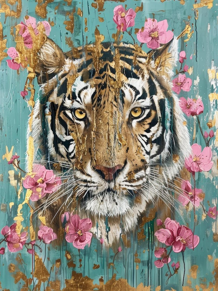 Tiger With Pink Flowers