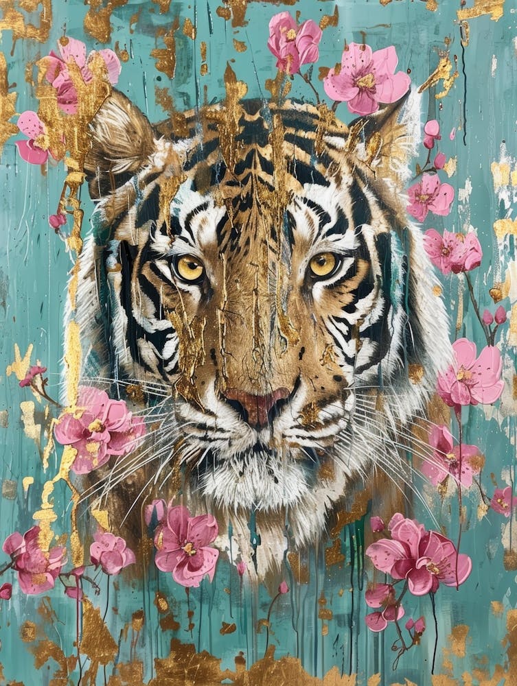 Tiger With Pink Flowers