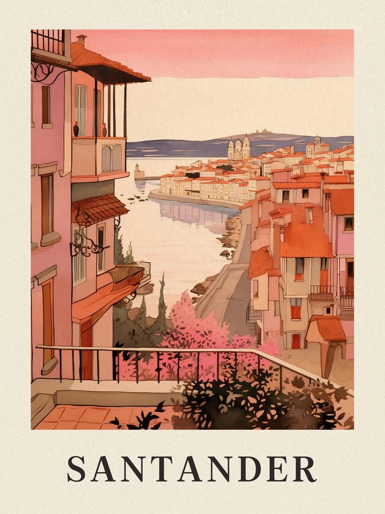 Santander Spain 3 Vintage Pink Travel Illustration Poster