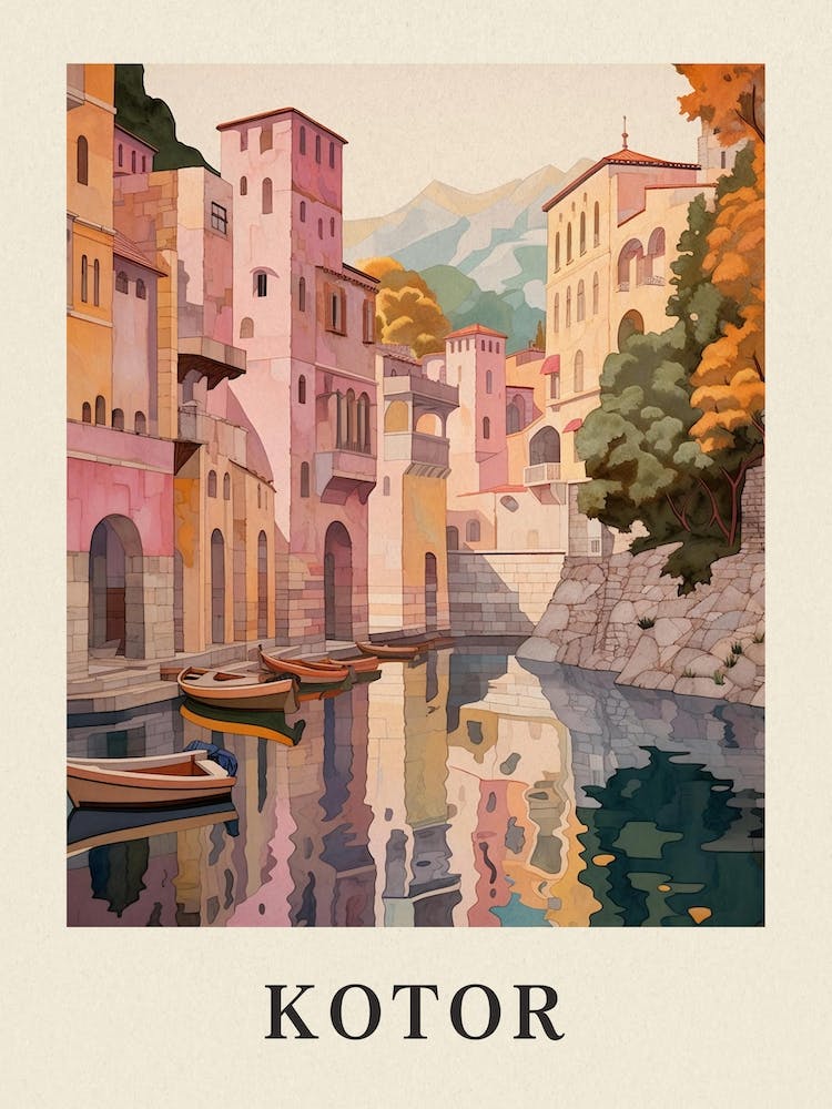 Kotor Monténégro 2 - Affiche Illustration de Voyage Rose Vintage