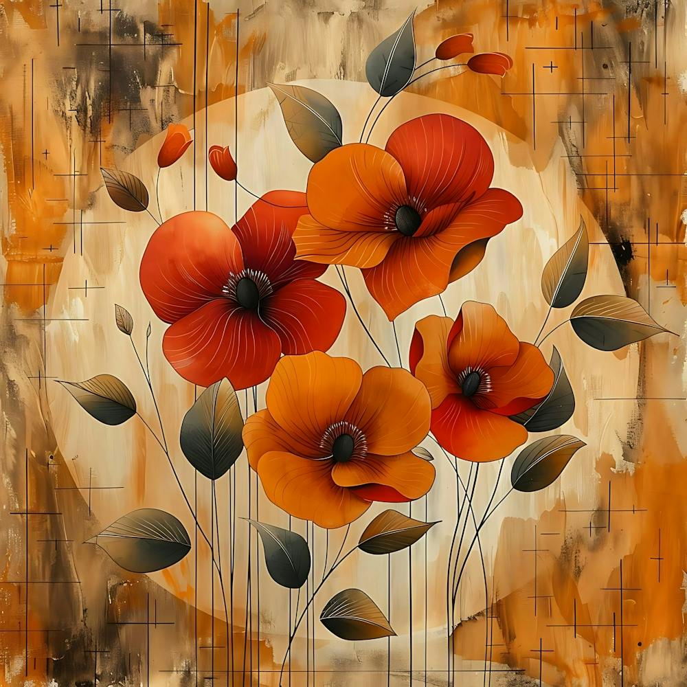 Abstract Painting Of Orange Poppies In A Circular Frame On A Textured Background