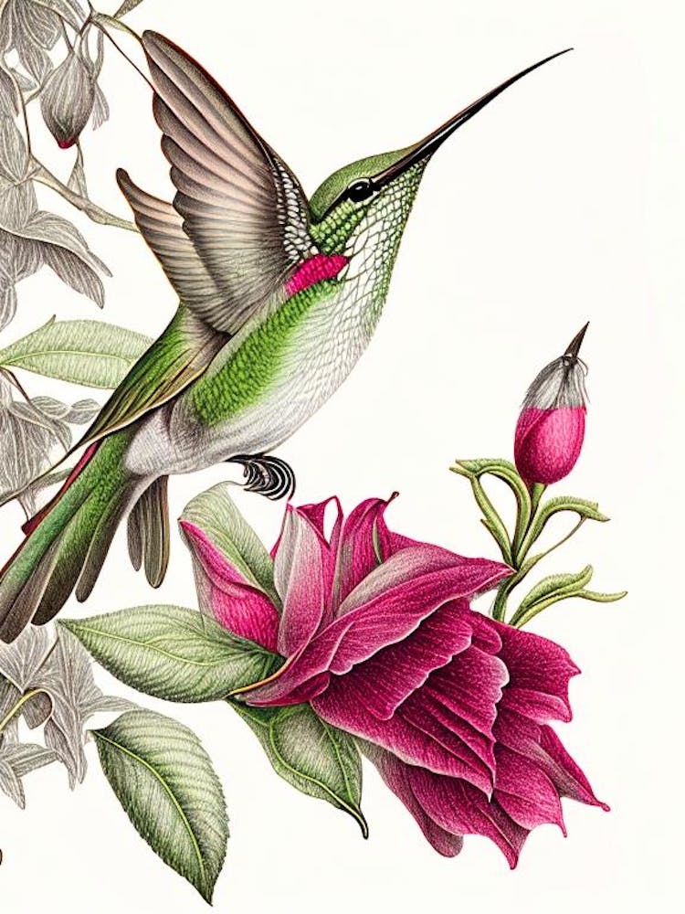 Anna S Hummingbird Vintage Botanical Line Drawing