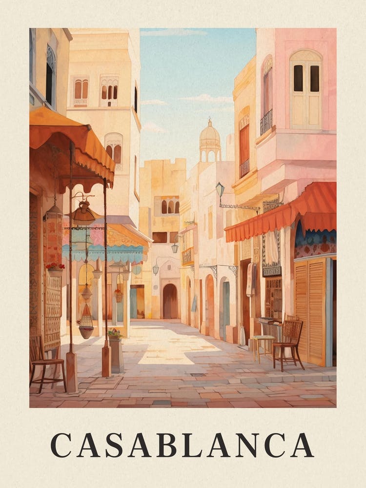 Casablanca Morocco 2 Vintage Pink Travel Illustration Poster