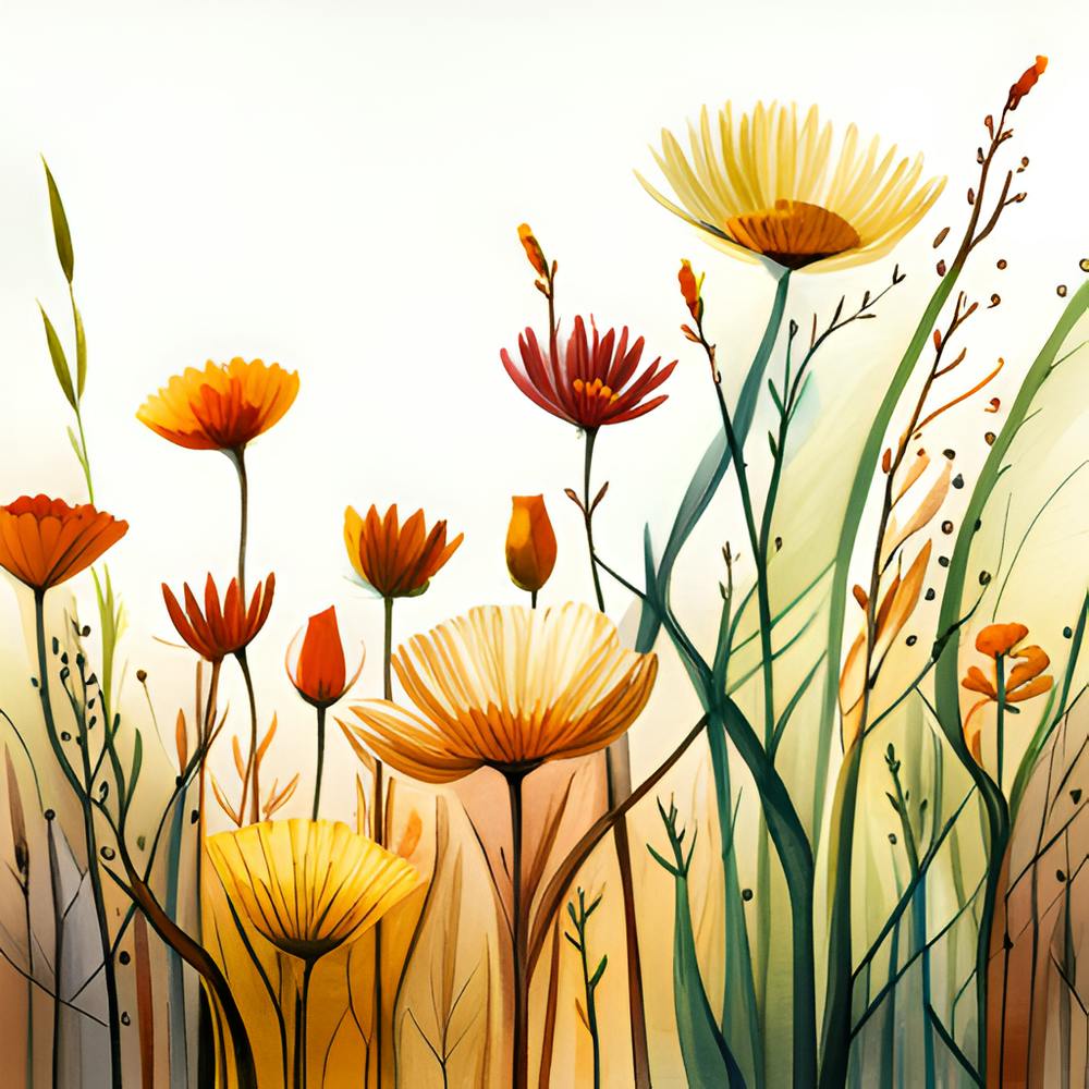 Watercolor Flowers In A Field