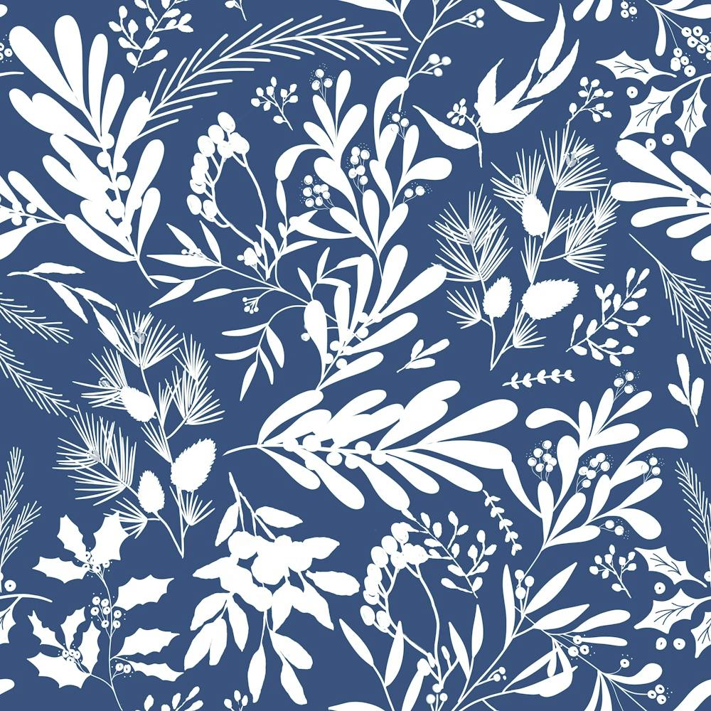 Christmas Botanical Leaves - Blue White