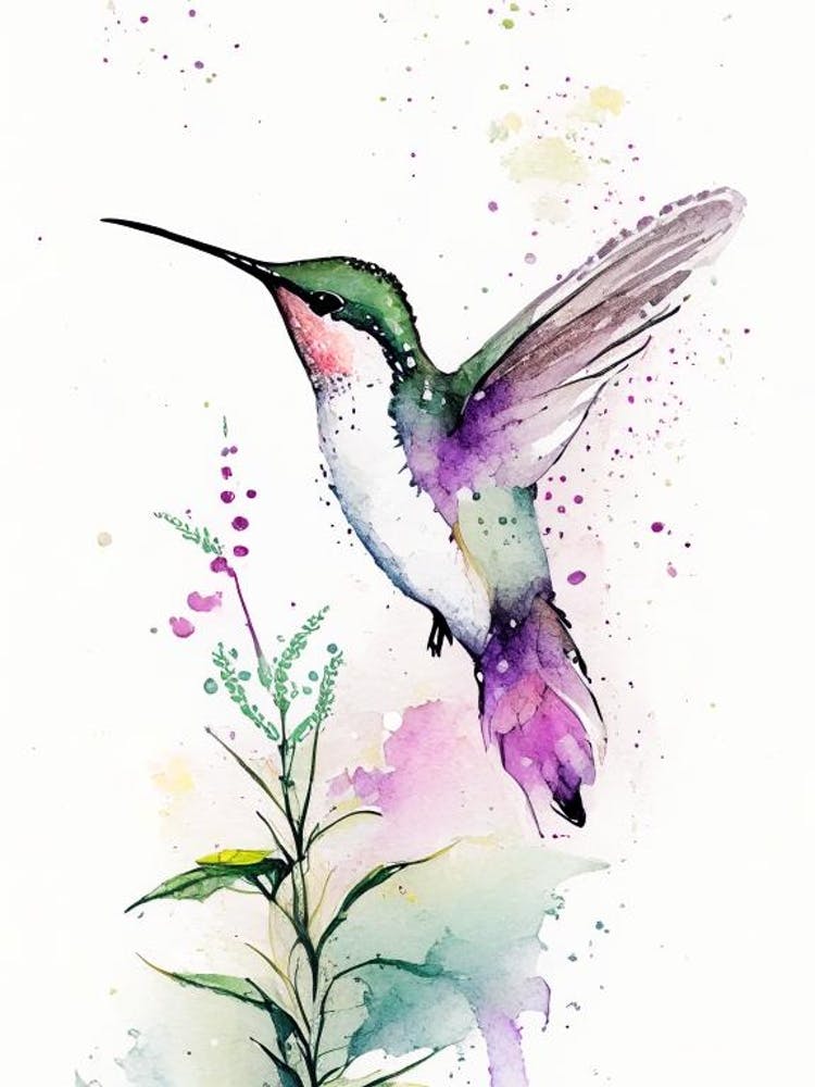 Hummingbird In A Garden Minimalist Watercolour