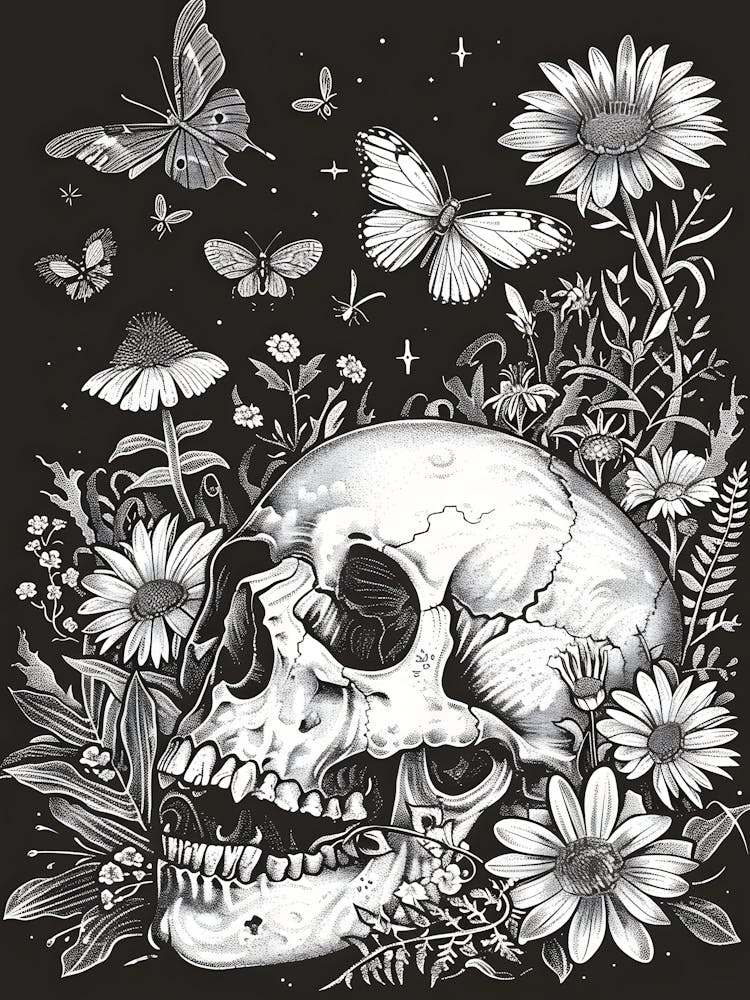 Dark Gothic Skull And Flowers