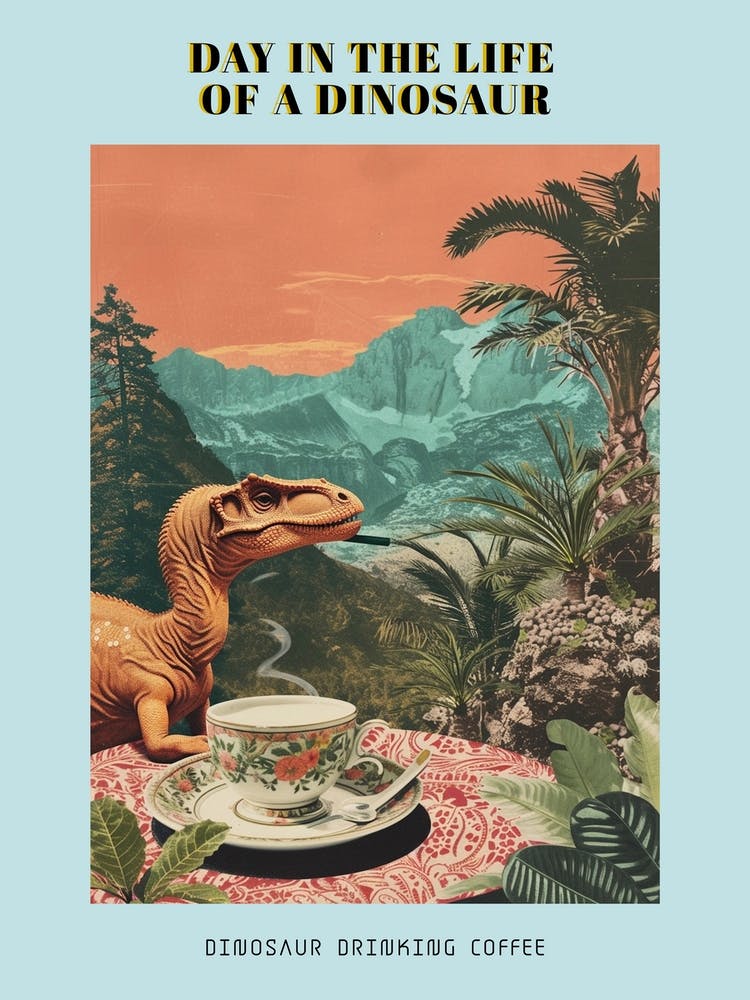 Dinosaur Drinking Coffee Retro Collage 2 Poster