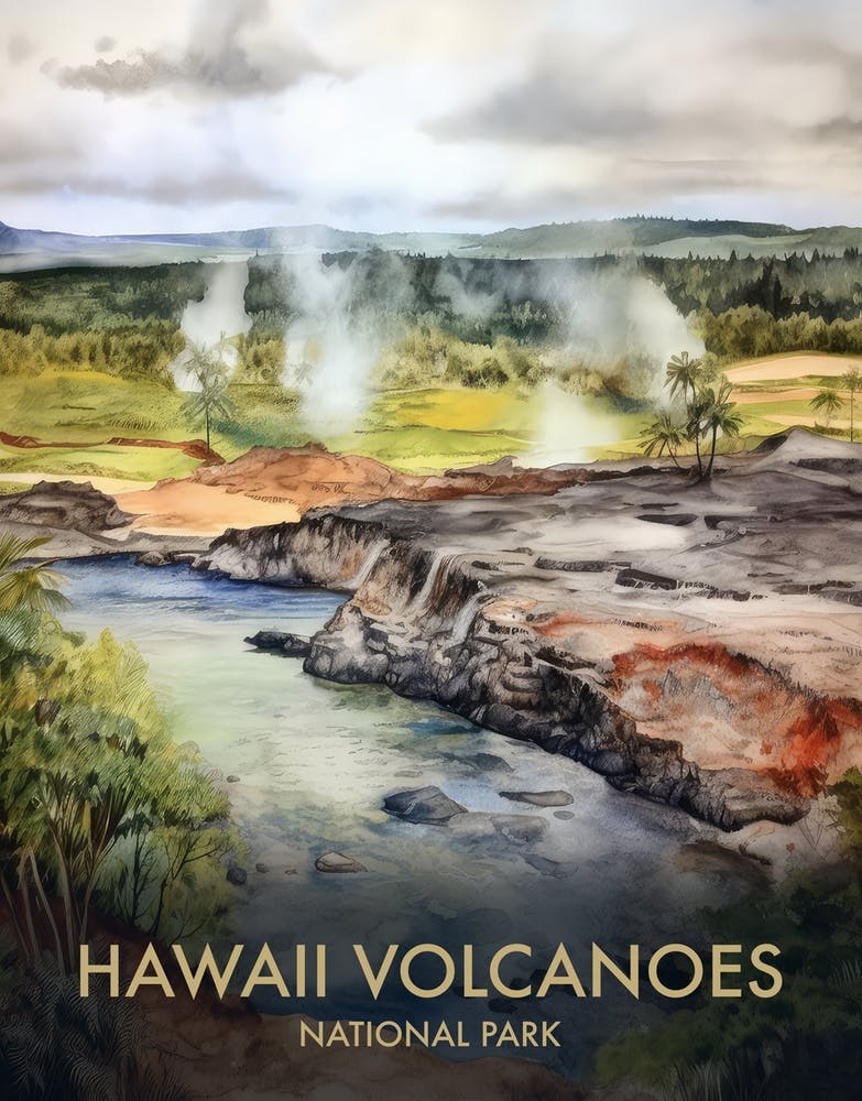 Hawaii Volcanoes National Park Watercolour Vintage Travel Poster 1