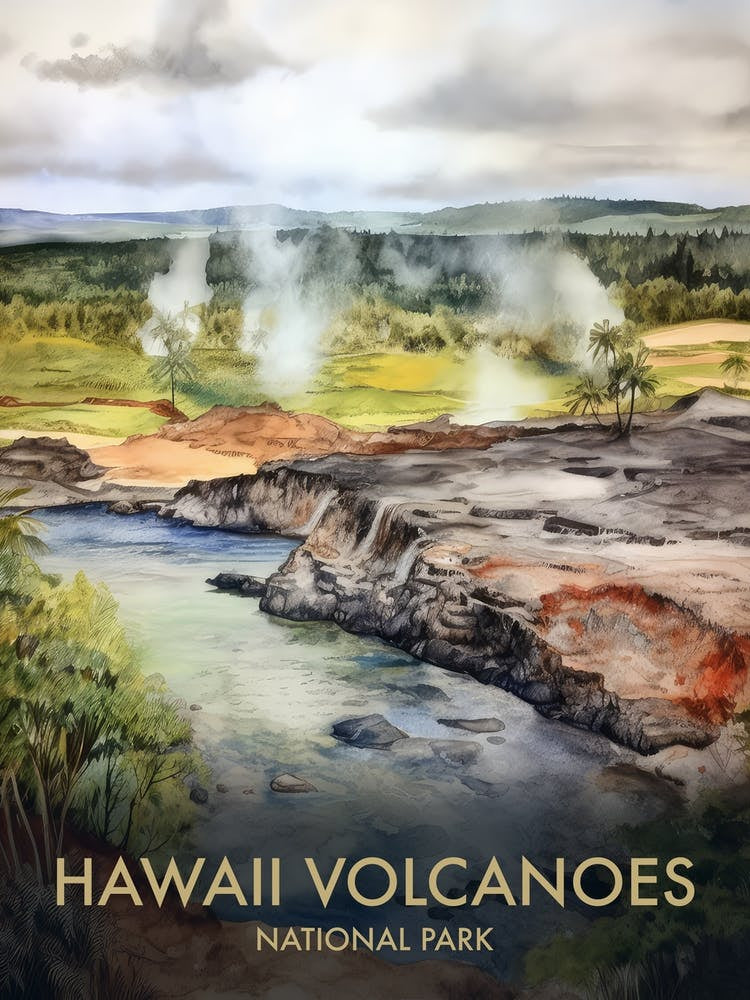 Hawaii Volcanoes National Park Watercolour Vintage Travel Poster 1