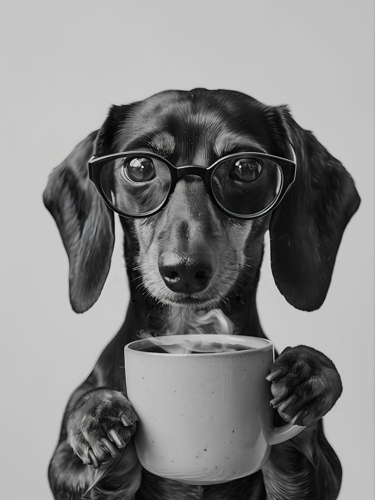 Dachshund Drinking Coffee Wall Art, Black And White Print, Coffee Lover Print, Dog Gift, Funny Dog Poster, Kitchen Wall Decor