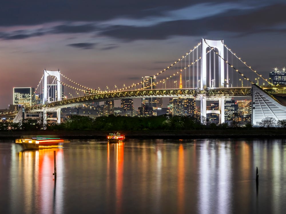 Gorgeous Rainbow Bridge And Tokyo Skyline At Sunset