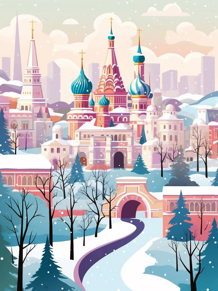 Vintage Winter Travel Illustration Moscow Russia 1