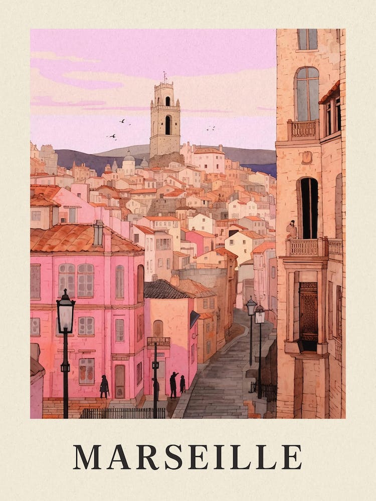 Marseille France 3 Vintage Pink Travel Illustration Poster