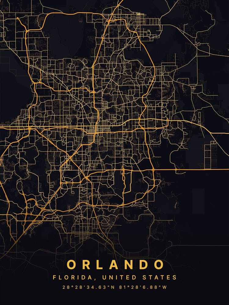 Orlando Florida Usa Black And Gold Map