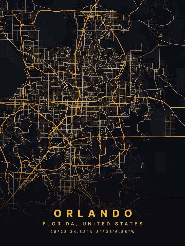 Orlando Florida Usa Black And Gold Map