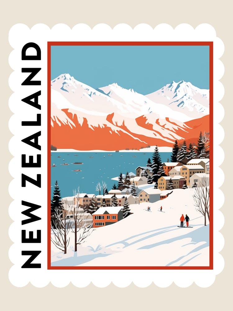 Retro Winter Stamp Poster Queenstown New Zealand 1