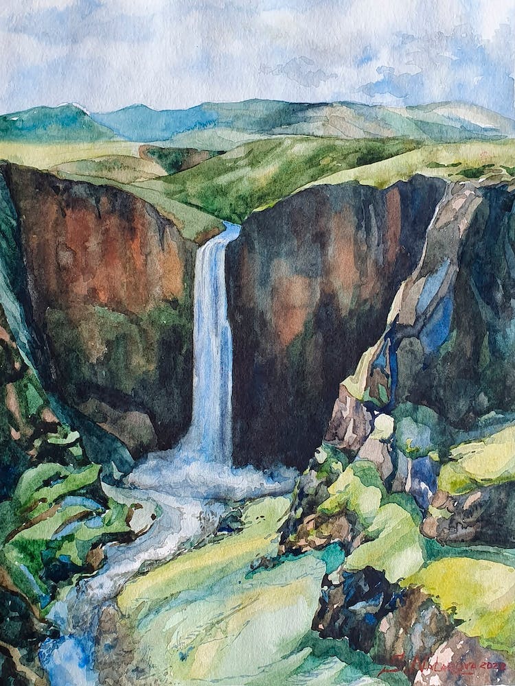 Watercolor Landscape Waterfall
