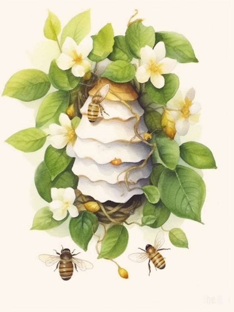 Beehive With Jasmine Watercolour Illustration 3